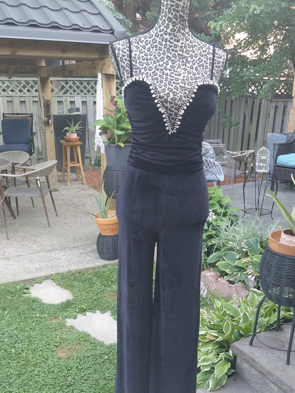 Forever 21 Black Velvet Wide-Leg Jumpsuit with Pearl Trim
